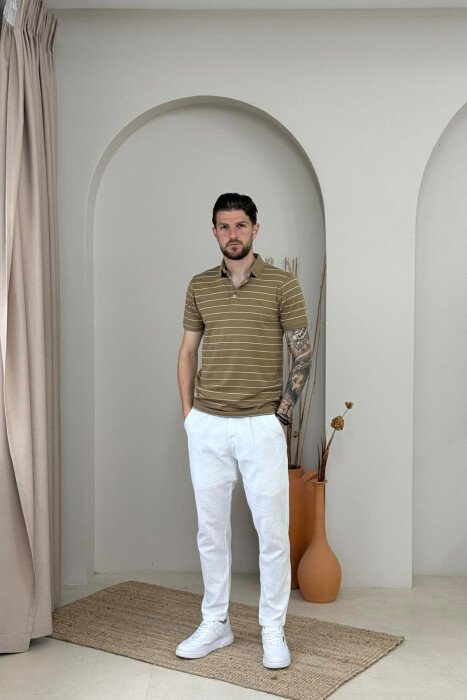 LINES DESIGN POLO NECK MEN T-SHIRT LIGHT BROWN/KAZB - 5
