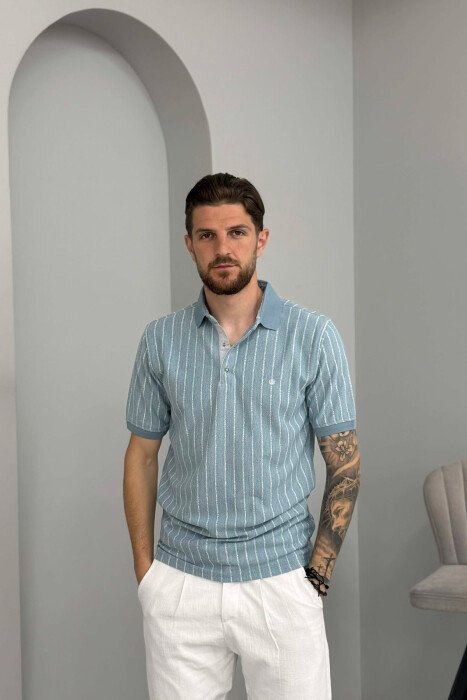 LINES DESIGN POLO NECK MEN T-SHIRT LIGHTBLUE/BZ - KLAUDIO FASHION