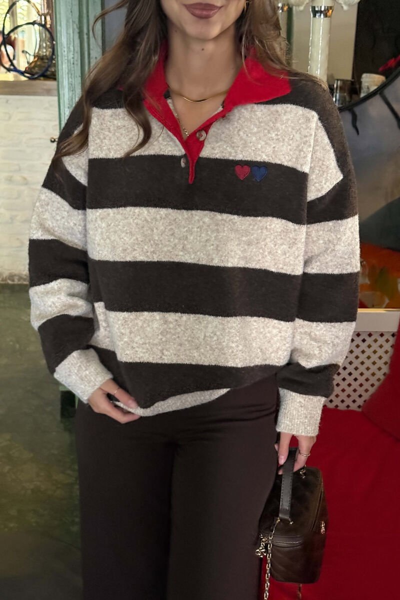 LINES DESIGN POLO NECK WOMAN SWEATER DARK BROWN/KAE - 2