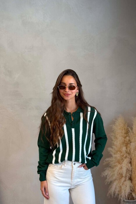 LINES DESIGN POLO NECK WOMAN SWEATER GREEN/JESHILE - KLAUDIO FASHION