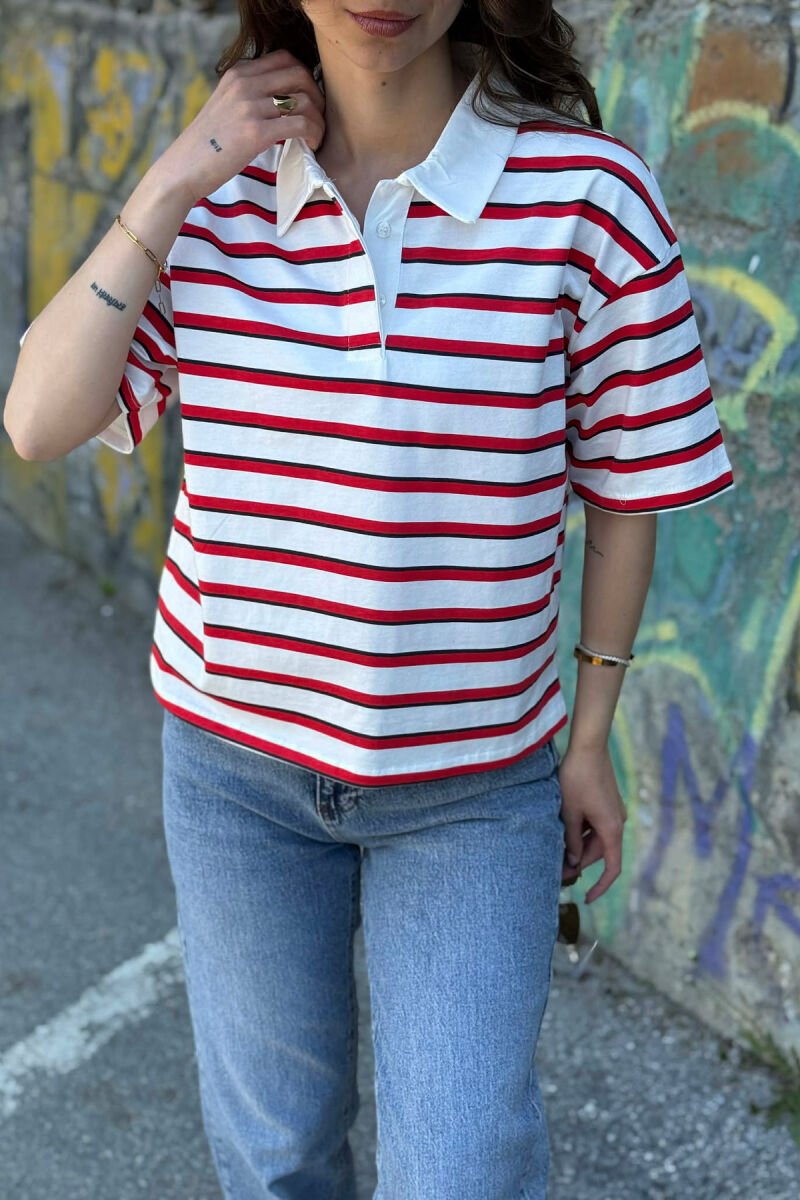 LINES DESIGN POLO NECK WOMAN T-SHIRT WHITE-RED/BAKU - 4