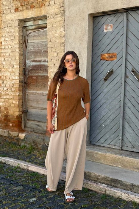 LINES DESIGN ROUND NECK WOMAN T-SHIRT GREEN/JESHILE - 