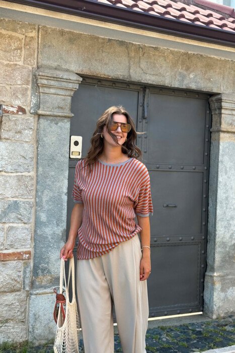 LINES DESIGN ROUND NECK WOMAN T-SHIRT GREY/ORANGE/GRPO - 