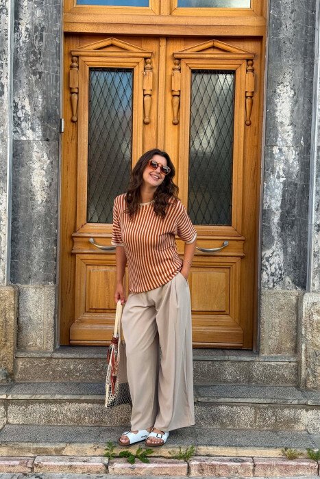 LINES DESIGN ROUND NECK WOMAN T-SHIRT LIGHT BROWN/KAZB - 4