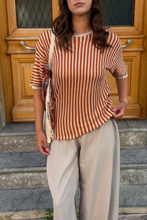 LINES DESIGN ROUND NECK WOMAN T-SHIRT LIGHT BROWN/KAZB - 2