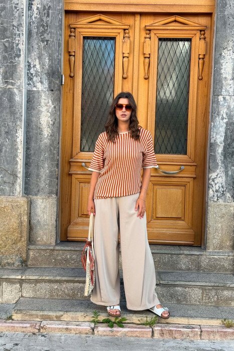 LINES DESIGN ROUND NECK WOMAN T-SHIRT LIGHT BROWN/KAZB - 3