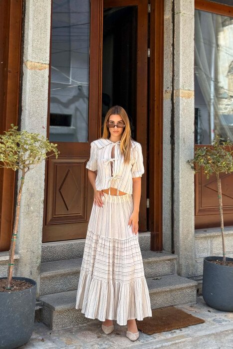 LINES DESIGN SHIRT + SKIRT WOMAN SET CREAM/KREM - 1