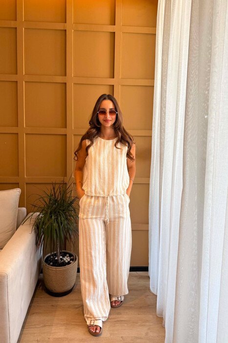 LINES DESIGN TANK TOP + TROUSERS WOMAN SET ORANGE/PORTOKALLI - KLAUDIO FASHION