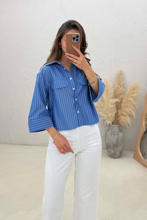 LINES DESIGN TWO FRONT POCKETS WOMAN SHIRT BLUE/BLU - KLAUDIO FASHION