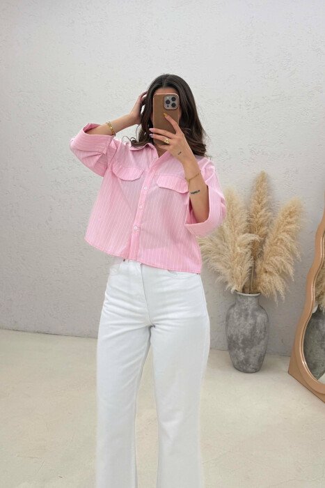 LINES DESIGN TWO FRONT POCKETS WOMAN SHIRT PINK/ROZE - KLAUDIO FASHION