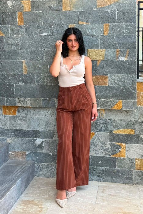LINES DESIGN WIDE LEG WOMAN TROUSERS BROWN/KAFE 