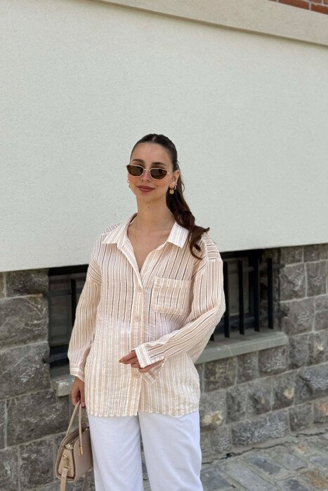LINES DESIGN WOMAN SHIRT CREAM/KREM - KLAUDIO FASHION