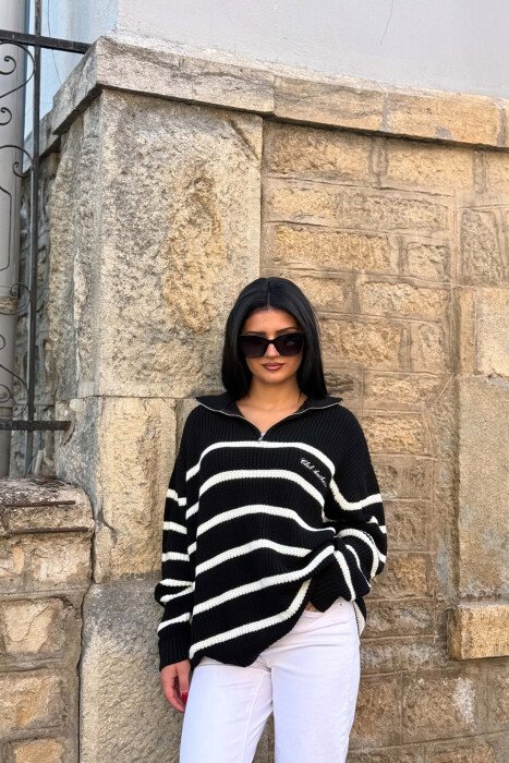 LINES DESIGN ZIPPER NECK WOMAN SWEATER BLACK/ E ZEZE - 
