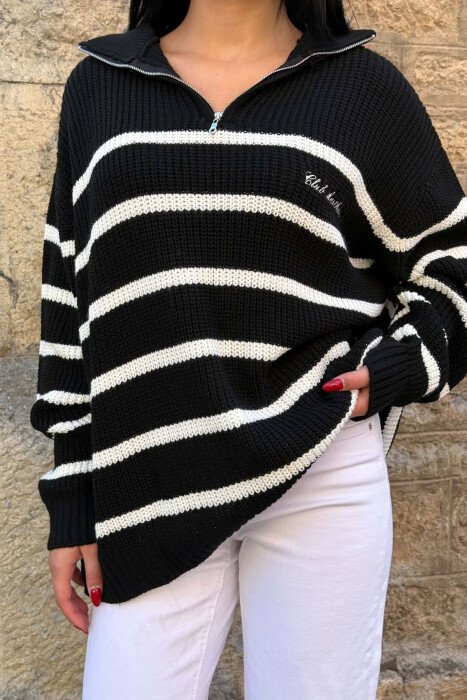 LINES DESIGN ZIPPER NECK WOMAN SWEATER BLACK/ E ZEZE - 2