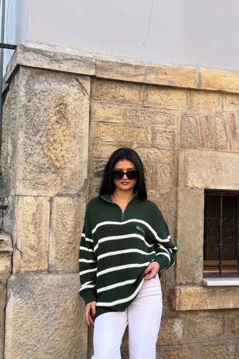 LINES DESIGN ZIPPER NECK WOMAN SWEATER GREEN/JESHILE 