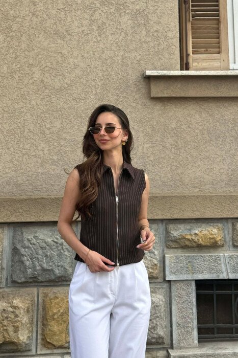 LINES DESIGN ZIPPER WOMAN VEST BROWN/KAFE - KLAUDIO FASHION