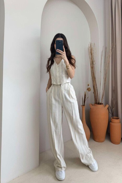 LINES LINEN VEST+TROUSERS WOMAN SET CREAM/KREM - 1
