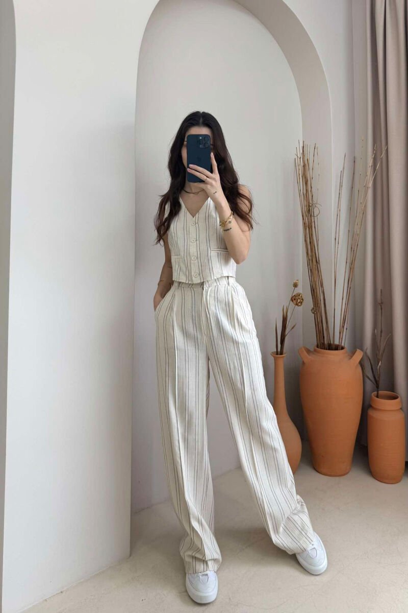 LINES LINEN VEST+TROUSERS WOMAN SET CREAM/KREM - 1