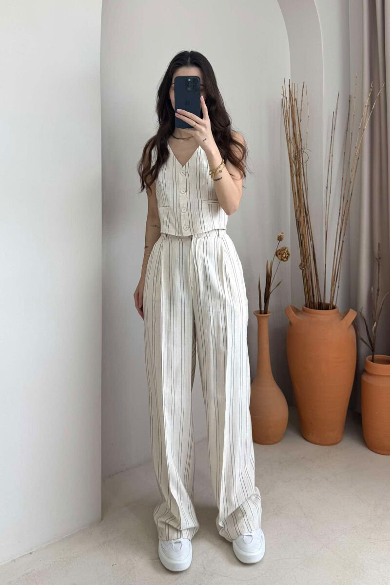LINES LINEN VEST+TROUSERS WOMAN SET CREAM/KREM - 2