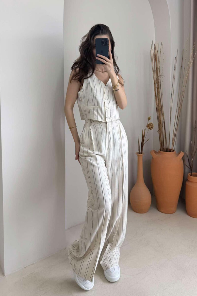 LINES LINEN VEST+TROUSERS WOMAN SET CREAM/KREM - 3