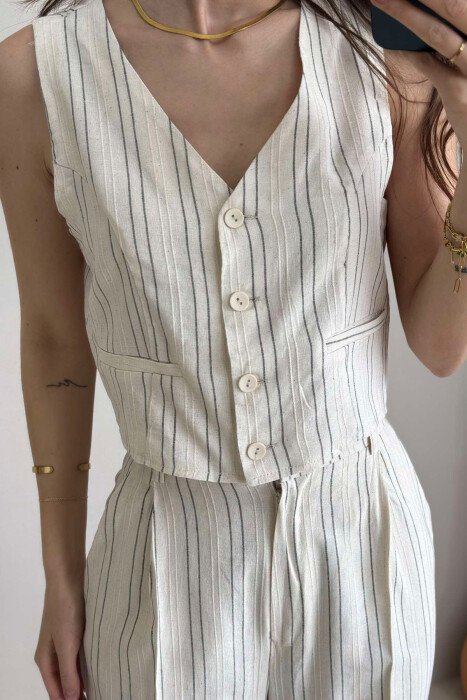 LINES LINEN VEST+TROUSERS WOMAN SET CREAM/KREM - 4