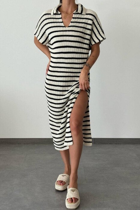 LINES POLO NECK LONG WOMAN DRESS CREAM/KREM - KLAUDIO FASHION