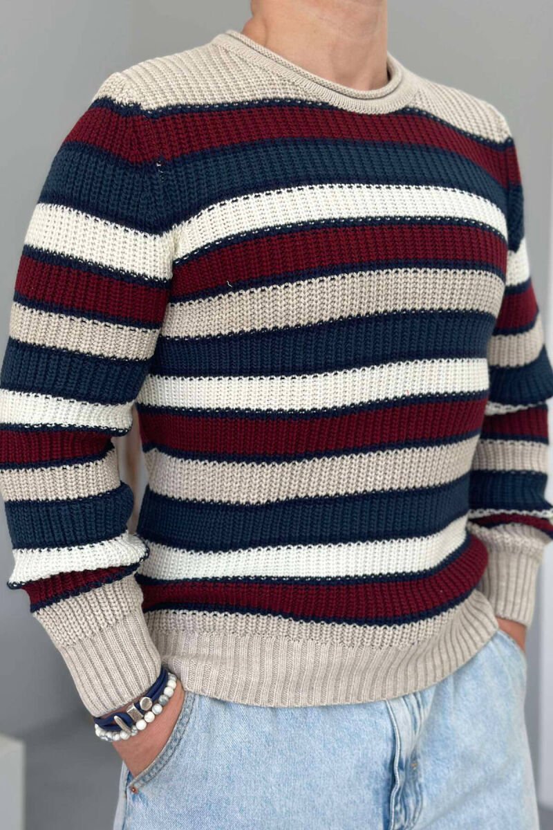 LINES ROUND NECK WOMAN SWEATER CREAM/KREM - 1