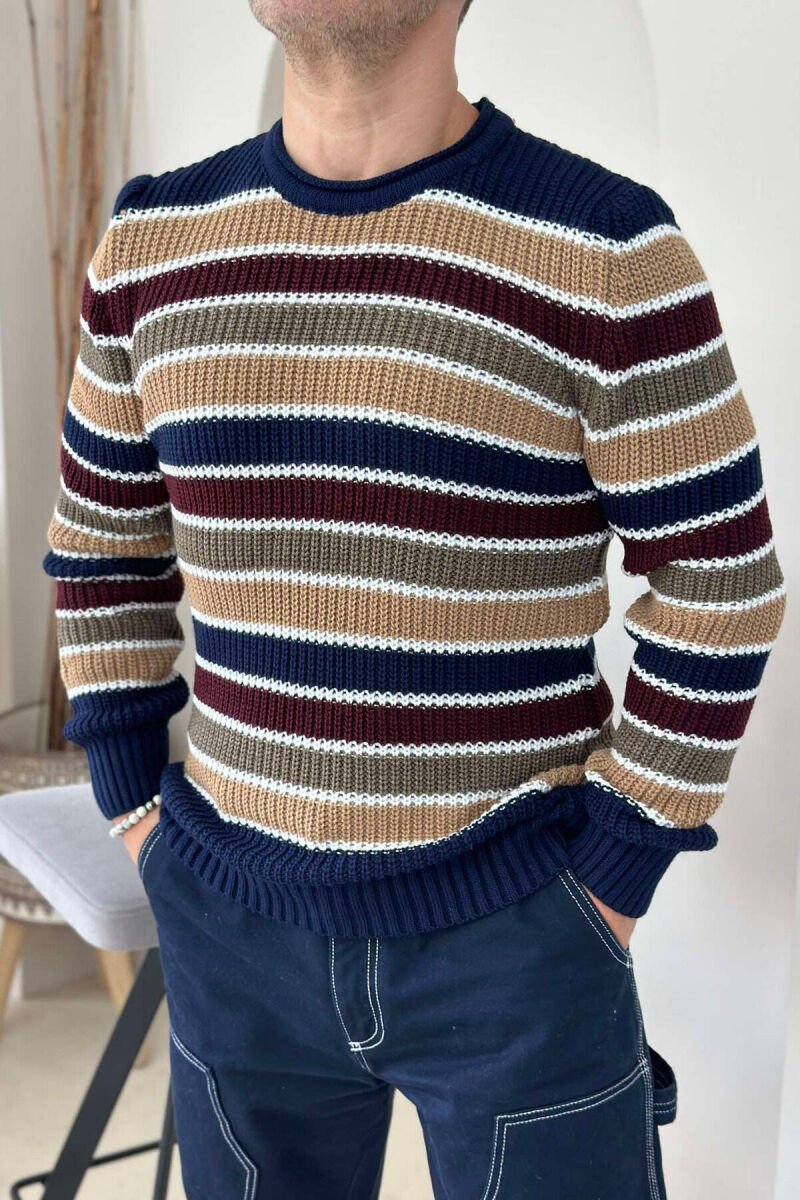 LINES ROUND NECK WOMAN SWEATER DARK BLUE/BEE - 1