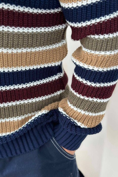 LINES ROUND NECK WOMAN SWEATER DARK BLUE/BEE - 2