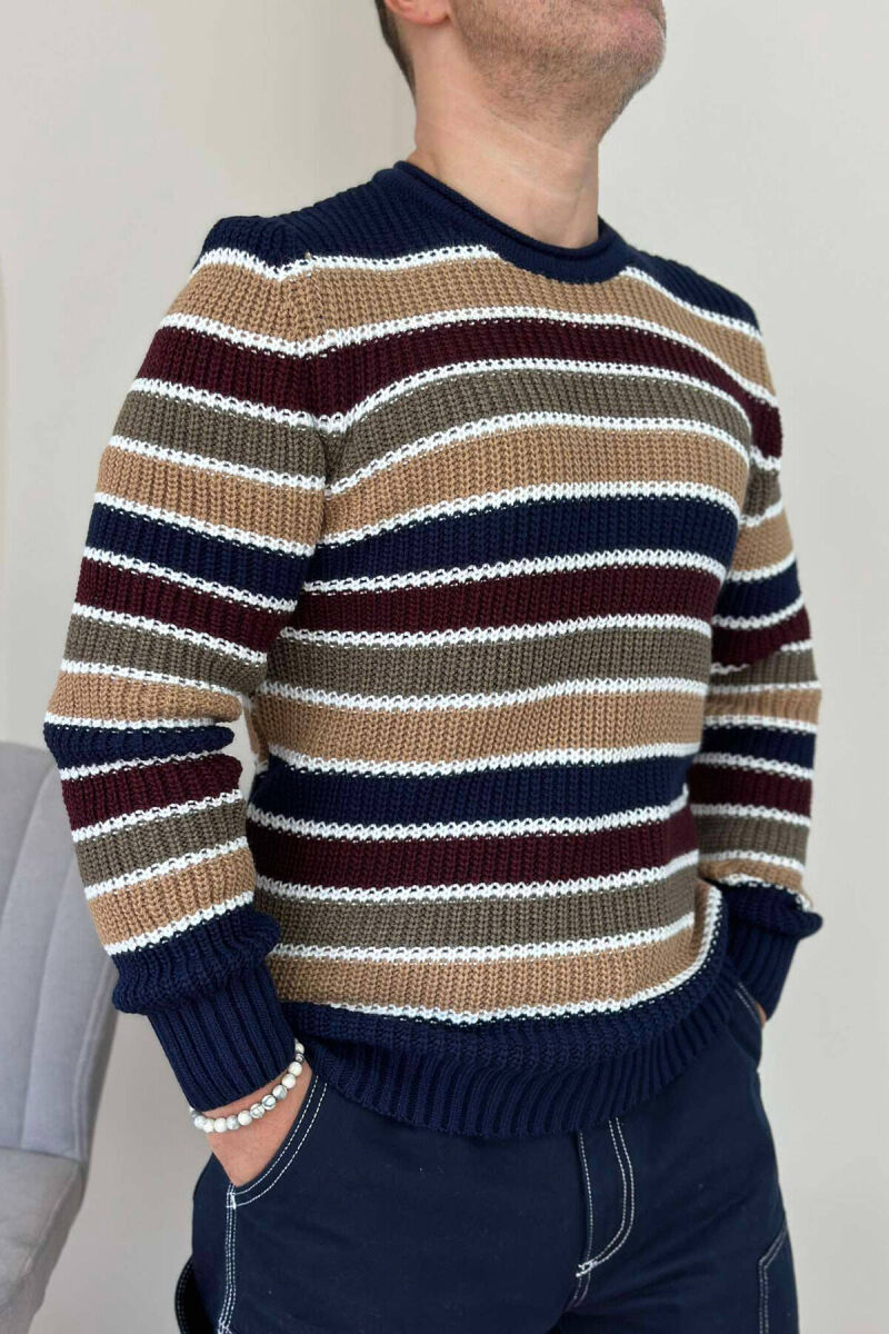 LINES ROUND NECK WOMAN SWEATER DARK BLUE/BEE - 3