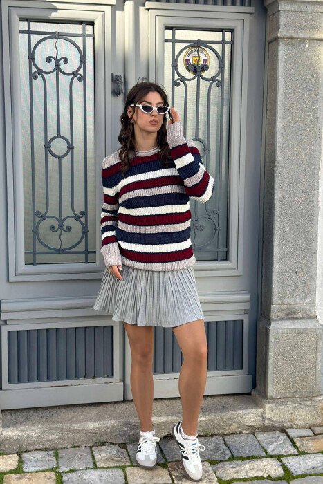 LINES ROUND NECK WOMAN SWEATER LIGHT GREY/GZ - KLAUDIO FASHION
