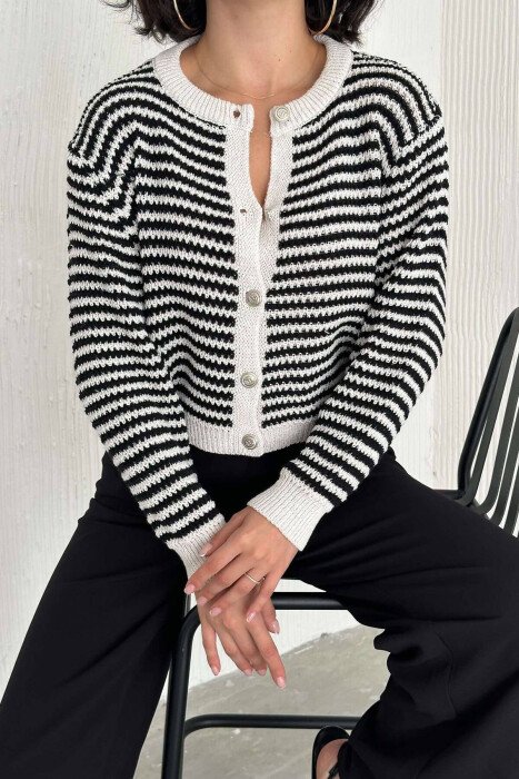 LINES SILVER BUTTONS WOMAN CARDIGAN WHITE-BLACK/BAZE - KLAUDIO FASHION