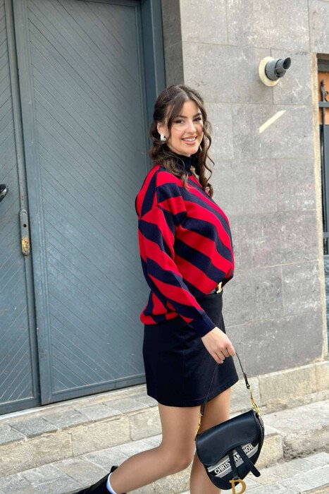 LINES TWO DIFFERENT COLORS HIGH NECK WOMAN SWEATER BLUE+RED/BLU-KUQE - 5