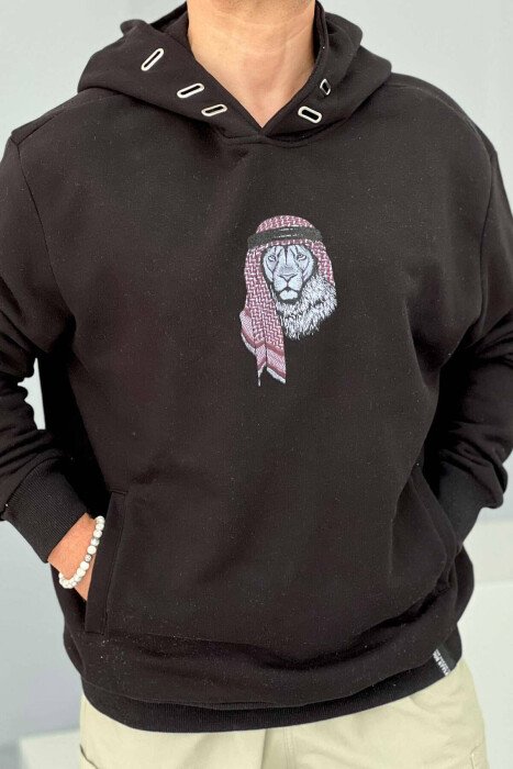LION IMAGE COTTON MEN HOODIE BLACK/ E ZEZE - KLAUDIO FASHION