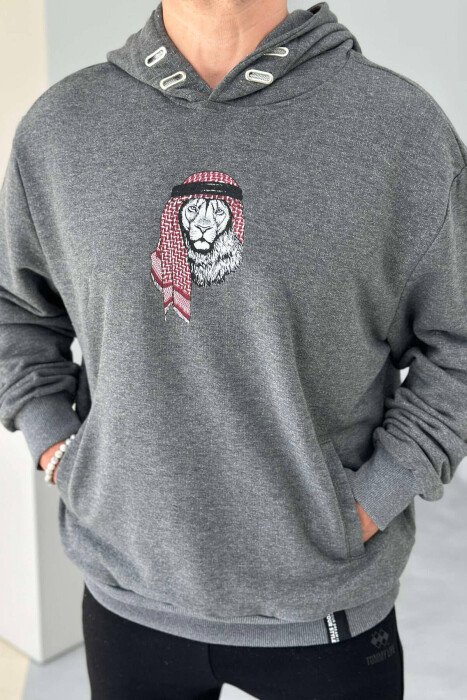 LION IMAGE COTTON MEN HOODIE DARK GREY/GEE - KLAUDIO FASHION