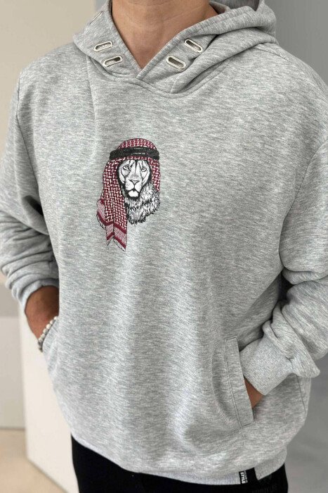 LION IMAGE COTTON MEN HOODIE LIGHT GREY/GZ - KLAUDIO FASHION