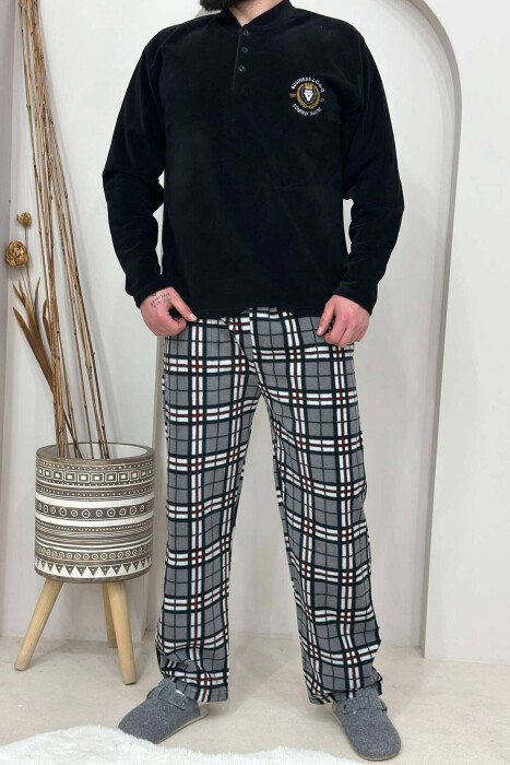 LION LOGO BUTTONED NECK MEN PYJAMAS BLACK/ E ZEZE - KLAUDIO FASHION