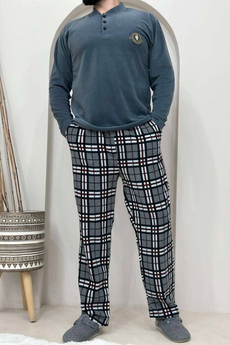 LION LOGO BUTTONED NECK MEN PYJAMAS GREY/GRI - KLAUDIO FASHION