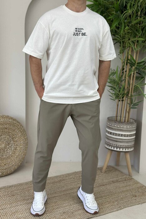 T-SHIRT I THJESHTË ME SHKRIME PËR MESHKUJ NË NGJYRËN KREM 