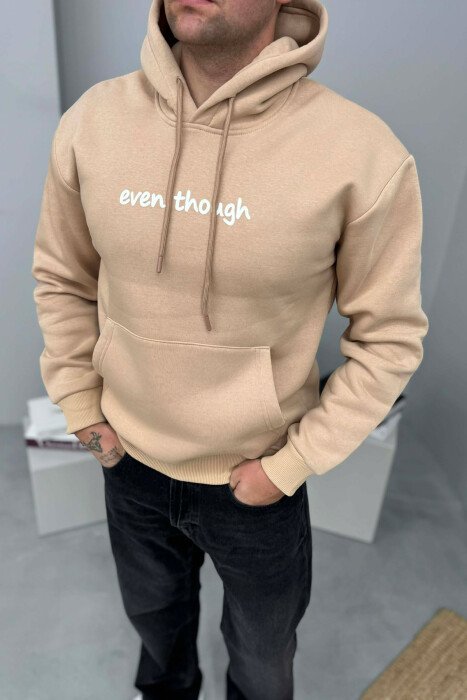 HOODIE ME PUSH SHKRIM PARA DHE ME DIZAJN MBRAPA PËR MESHKUJ NË NGJYRE BEZHE 