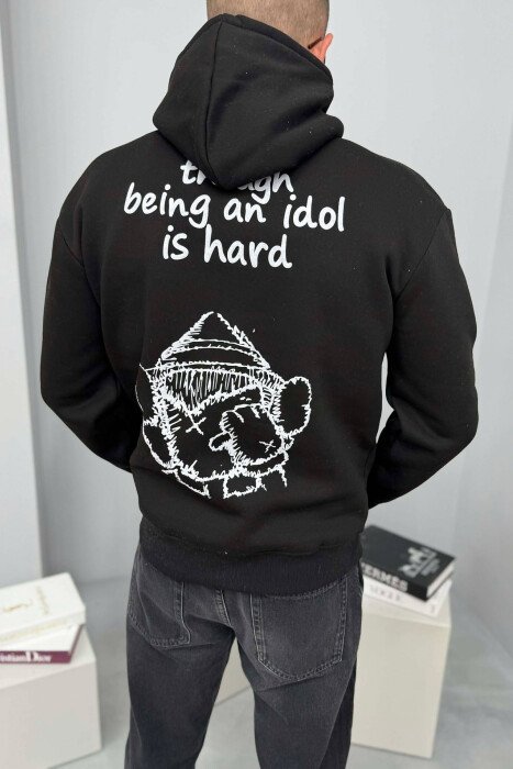 LITTLE WRITTINGS & BACK DESIGN FLUFFY MEN HOODIE BLACK/ E ZEZE - 3