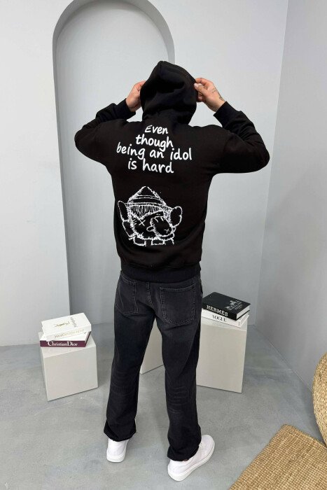 LITTLE WRITTINGS & BACK DESIGN FLUFFY MEN HOODIE BLACK/ E ZEZE - 5