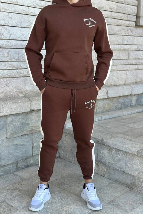 LITTLE WRITTINGS HOODIE+JOGGERS FLUFFY MEN SET BROWN/KAFE - KLAUDIO FASHION