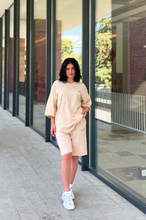 LITTLE WRITTINGS T-SHIRT + SHORT SWEAPANTS WOMAN SET BEIGE/BEZHE - KLAUDIO FASHION