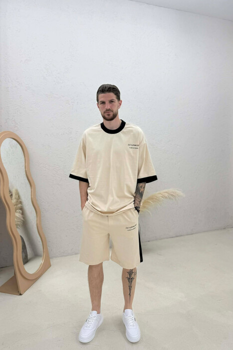 LITTLE WRITTINGS T-SHIRT + SHORTS MEN SET BEIGE/BEZHE - KLAUDIO FASHION