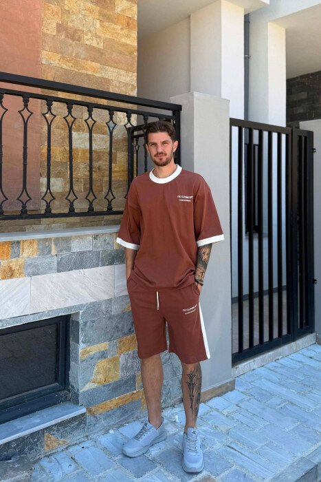 LITTLE WRITTINGS T-SHIRT + SHORTS MEN SET BROWN/KAFE - KLAUDIO FASHION