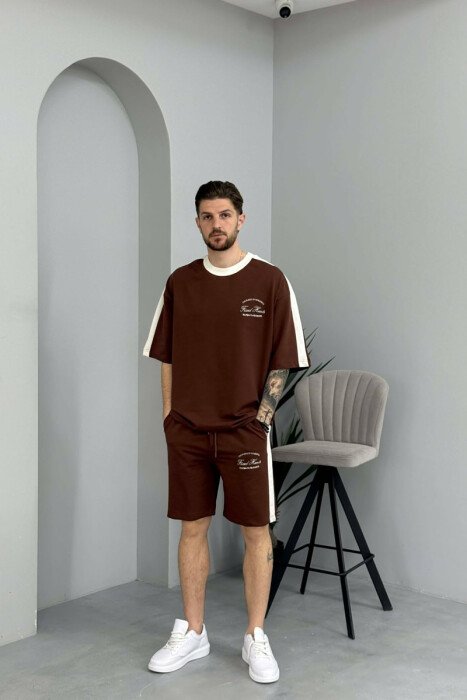SET T-SHIRT ME SHKRIME TE VOGLA + TUTA TE SHKURTRA PER MESHKUJ NE NGJYRE KAFE 