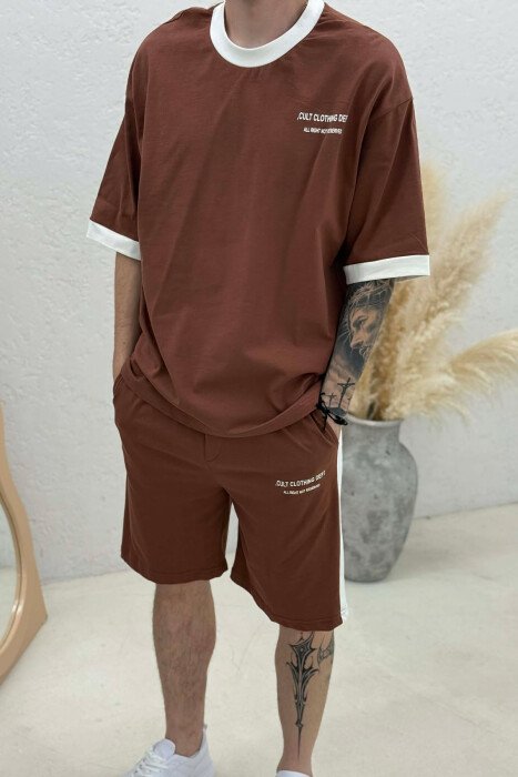 LITTLE WRITTINGS T-SHIRT + SHORTS MEN SET BROWN/KAFE - 2