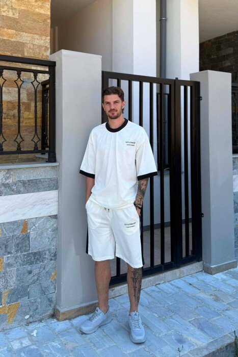LITTLE WRITTINGS T-SHIRT + SHORTS MEN SET CREAM/KREM - KLAUDIO FASHION