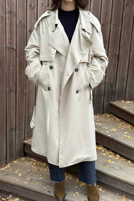 LONG BACK LEO DESIGN WOMEN TRENCH COAT BEIGE/BEZHE - 5